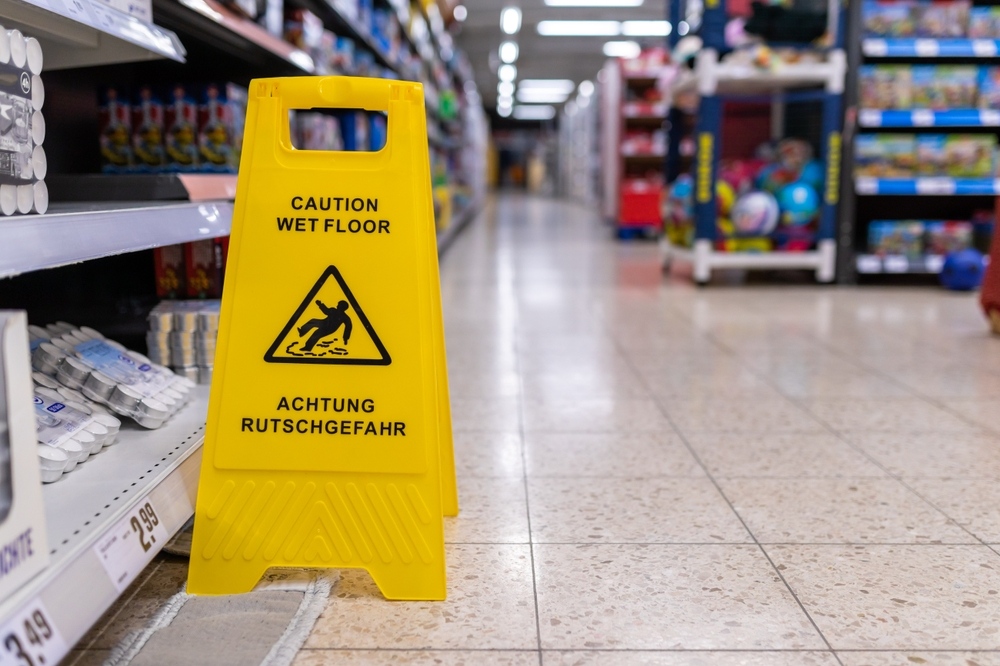 Wet floor hazard sign relevant to a Wisconsin slip and fall claim denial