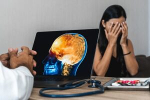 Doctor showing a brain injury scan on a laptop to a distressed patient holding her face